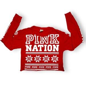 PINK Victoria Secret Red Festive Graphic Long Sleeve Crop Top Size XS
